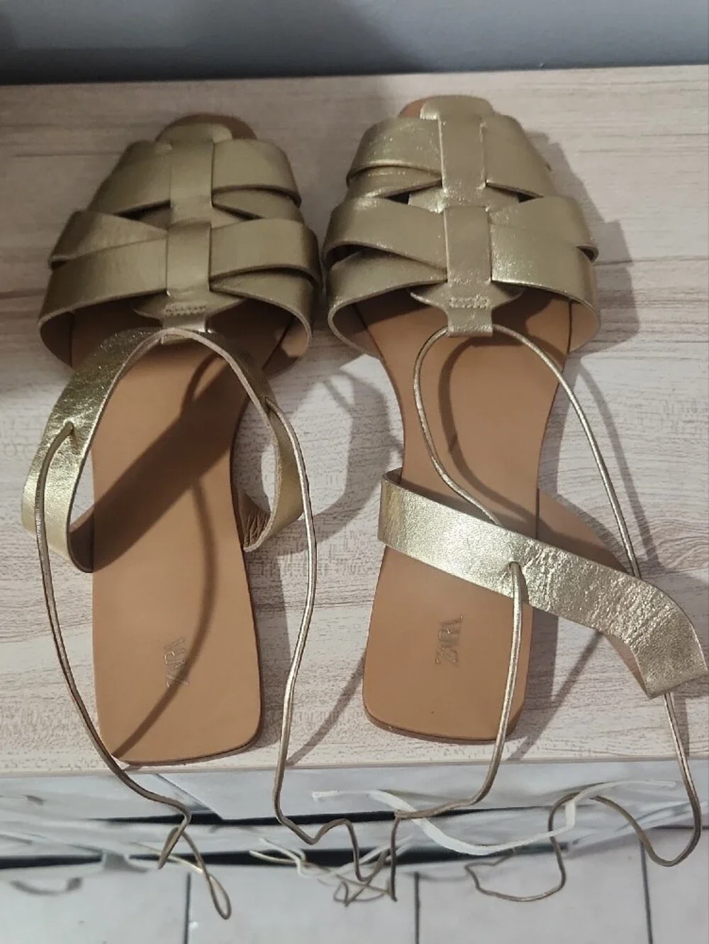 Zara Metallic Gold Woven Lace-Up Flat Sandals - Picture 2 of 4